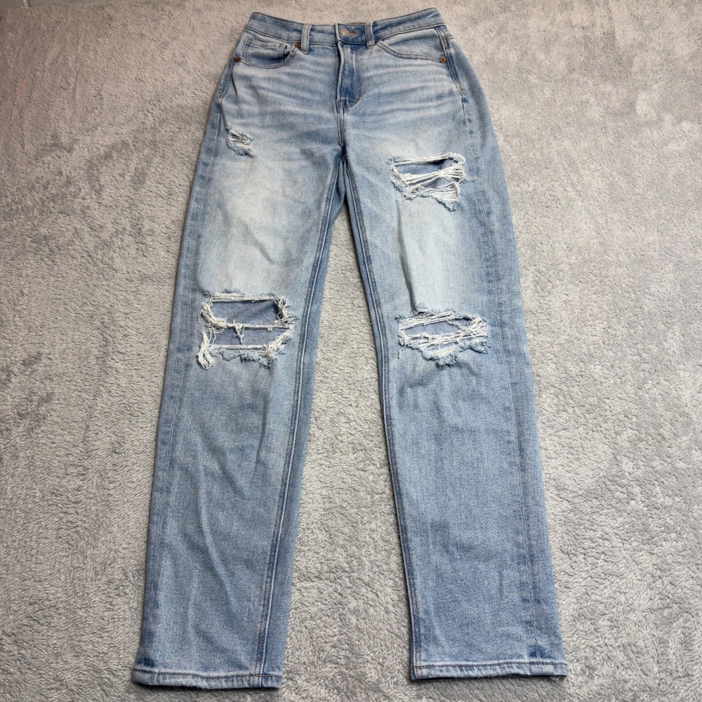 American Eagle Mom Jeans Womens 00 Light Wash Ripped Distressed High Rise 25/28